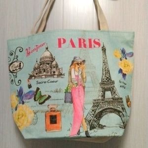 Paris shack shoulder bag 16×12 inch color pink blue tan in excellent condition